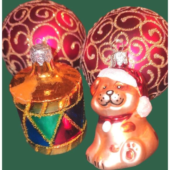 Vintage Lot Of 8 Xmas Ornaments Maroon & Gold Glass/Aluminum Angels & Puppy Figu - Picture 6 of 7
